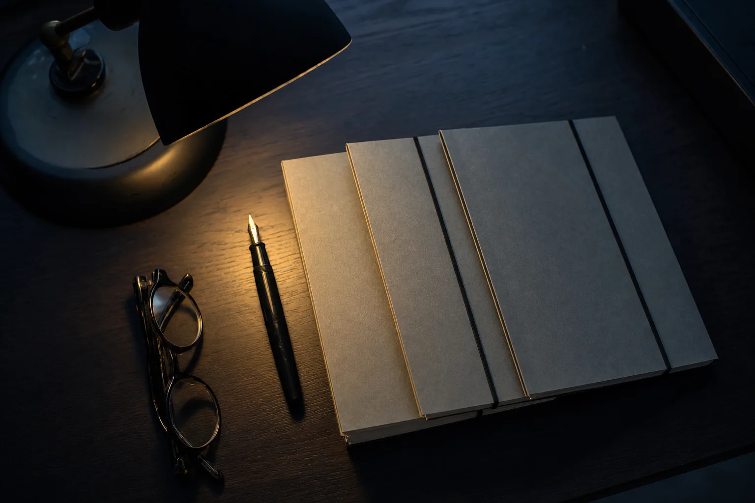 Trois chemises cartonnées fermées alignées sur un bureau sombre, éclairées par une lampe de bureau, un stylo plume posé à côté