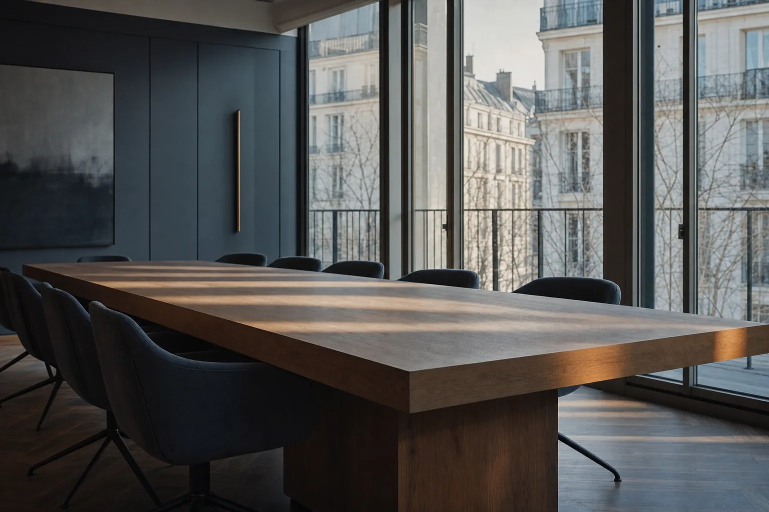 Salle de réunion vide d’un cabinet, longue table en chêne et fenêtres donnant sur une façade parisienne en fin d’après-midi
